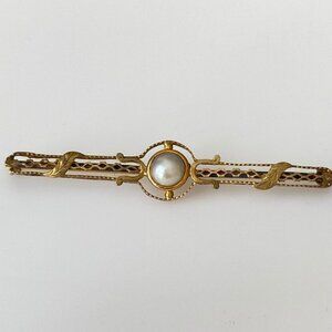 Vintage 10k Solid Yellow Gold Pearl Leaf Accents Bar Shaped Brooch Pin